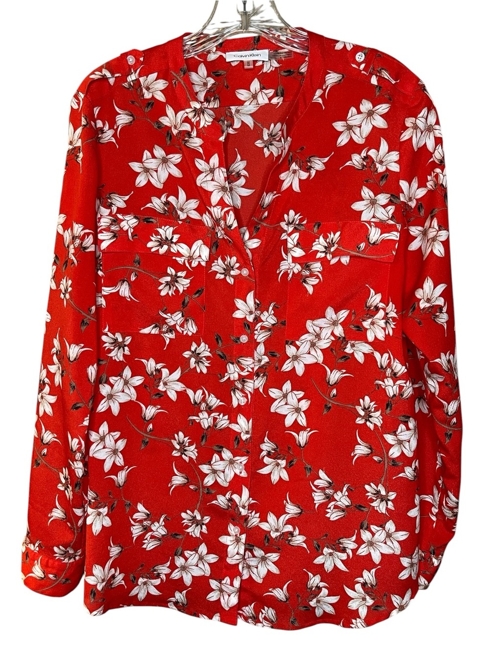 Calvin Klein Red Floral Button-Down Blouse Sz M
